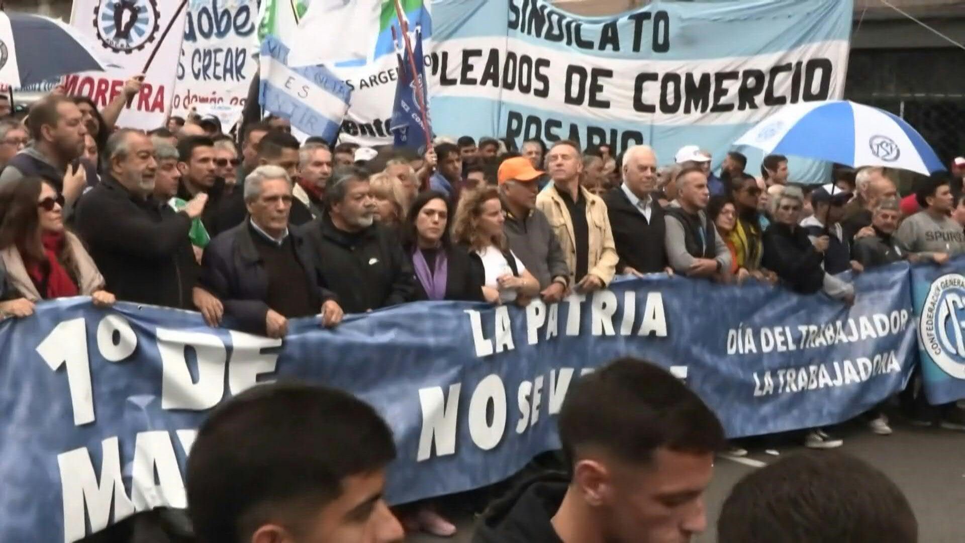 Argentine union members march in Buenos Aires on International Workers' Day