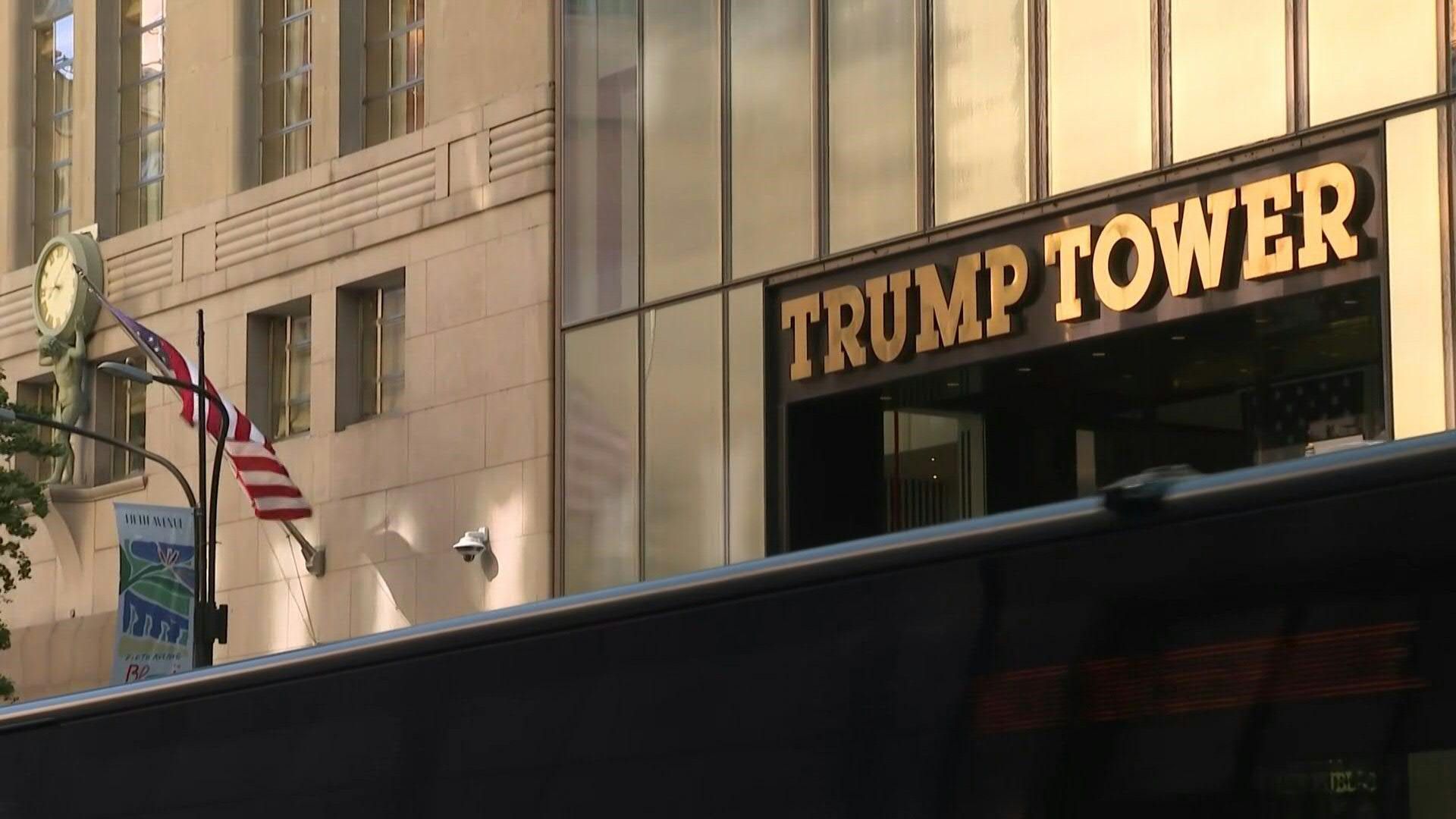 Exterior of Trump Tower before former US president addresses reporters