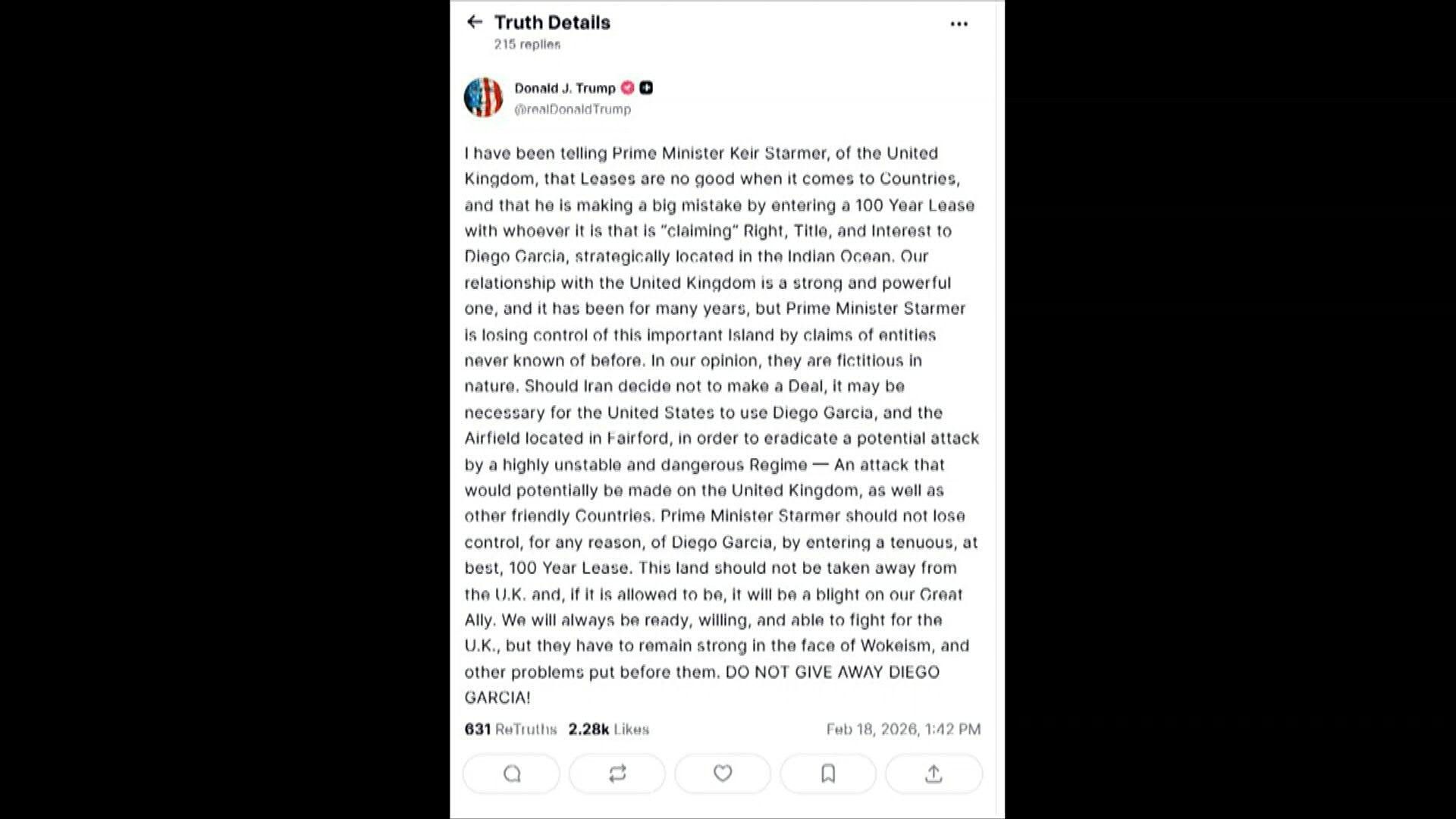 Video: Trump warns Britain not to 'give away' base as US mulls Iran attack