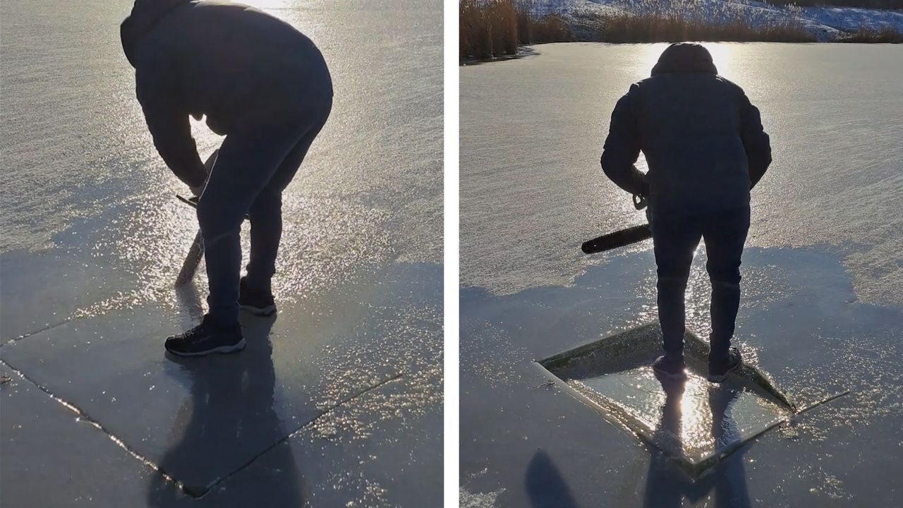 Mann sägt Loch ins Eis und begeht grandiosen Denkfehler