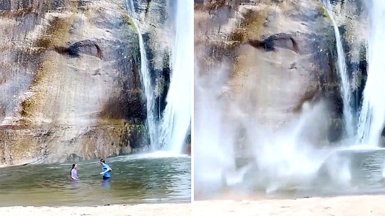 Felsbrocken krachen ins Wasser – Touristinnen an Wasserfall haben riesiges Glück