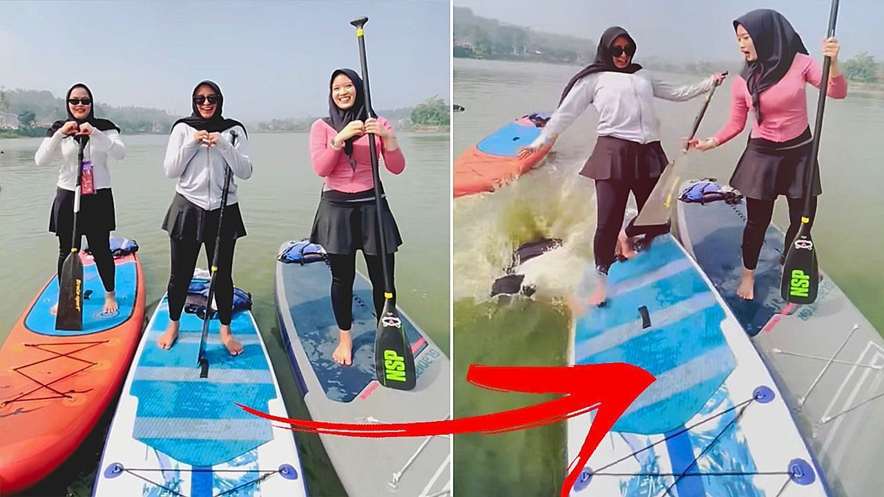 Video: Dominoeffekt: Freundinnen tanzen auf Paddleboards – mit nassem Ende