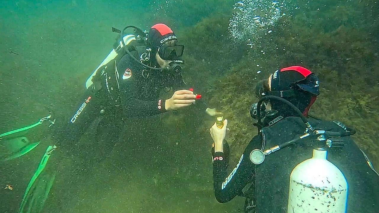 Unterwasser-Ja-Mann-macht-Freundin-beim-Tauchen-Heiratsantrag