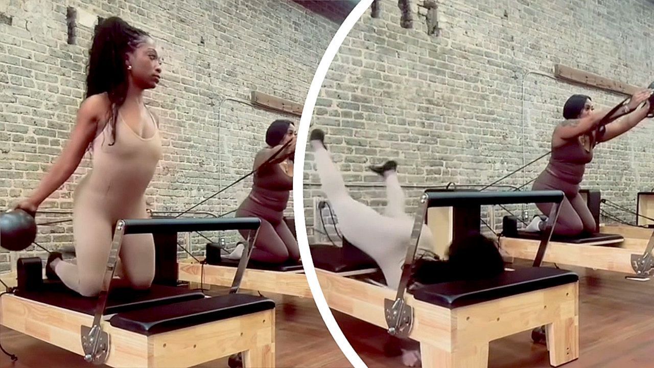 T-ckische-Pilates-Maschine-Sportlerin-ger-t-schwer-aus-dem-Gleichgewicht