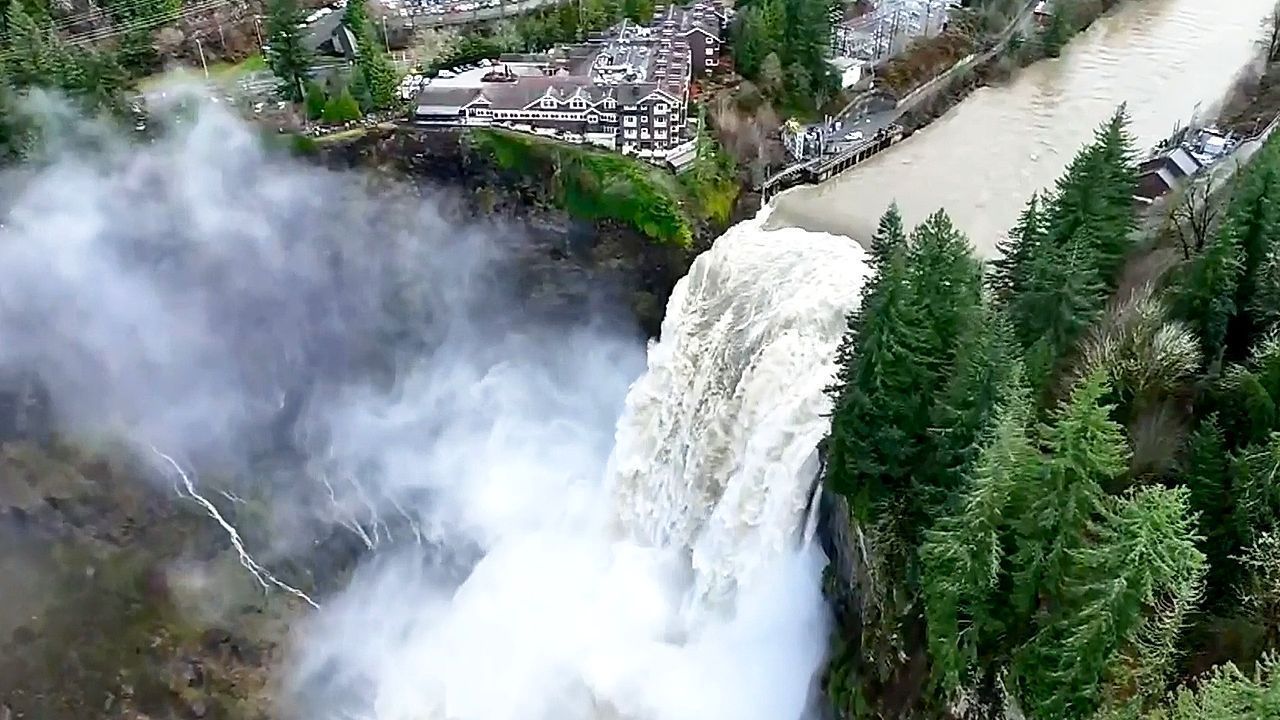 Video: Drone captures Snoqualmie Falls surging after major storm in Washington