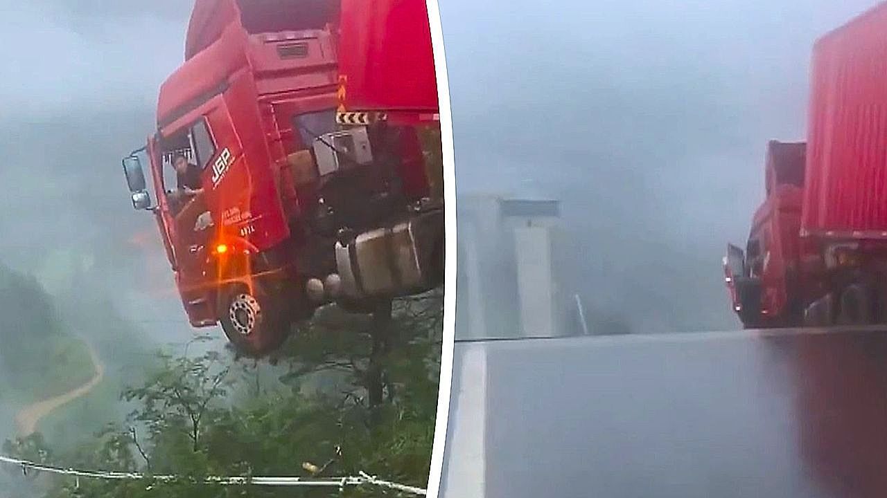 Video: Truck driver becomes viral sensation after surviving 100-ft drop scare