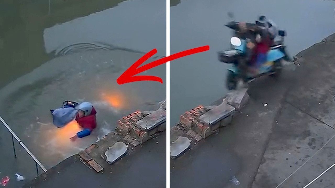 Video: Endstation Kanal: Frau landet mit Elektro-Roller im Wasser