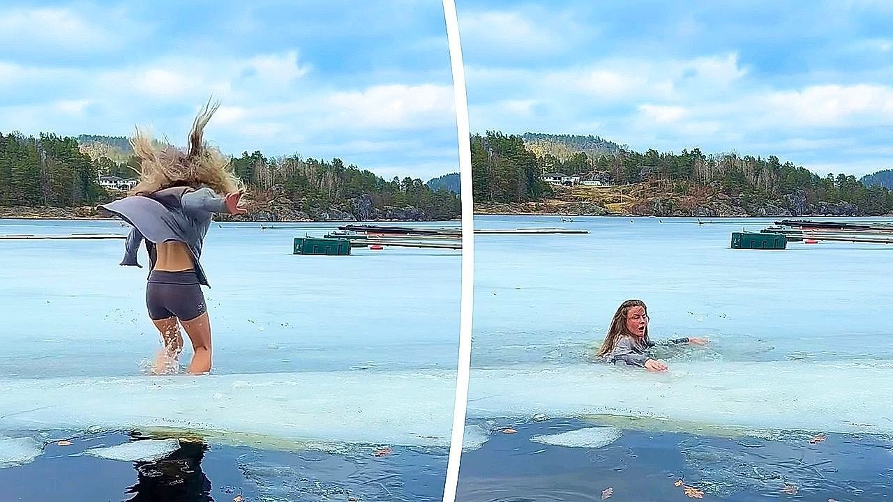 Video: Content-Shot geht baden: Creatorin bricht durch gefrorenen See