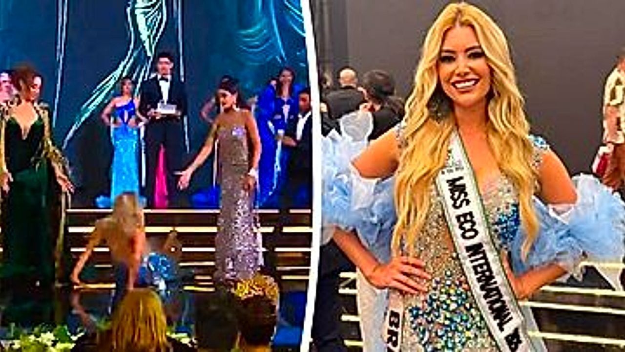 Video: Brazil's Miss Eco contestant takes a heavy fall on stage at pageant final