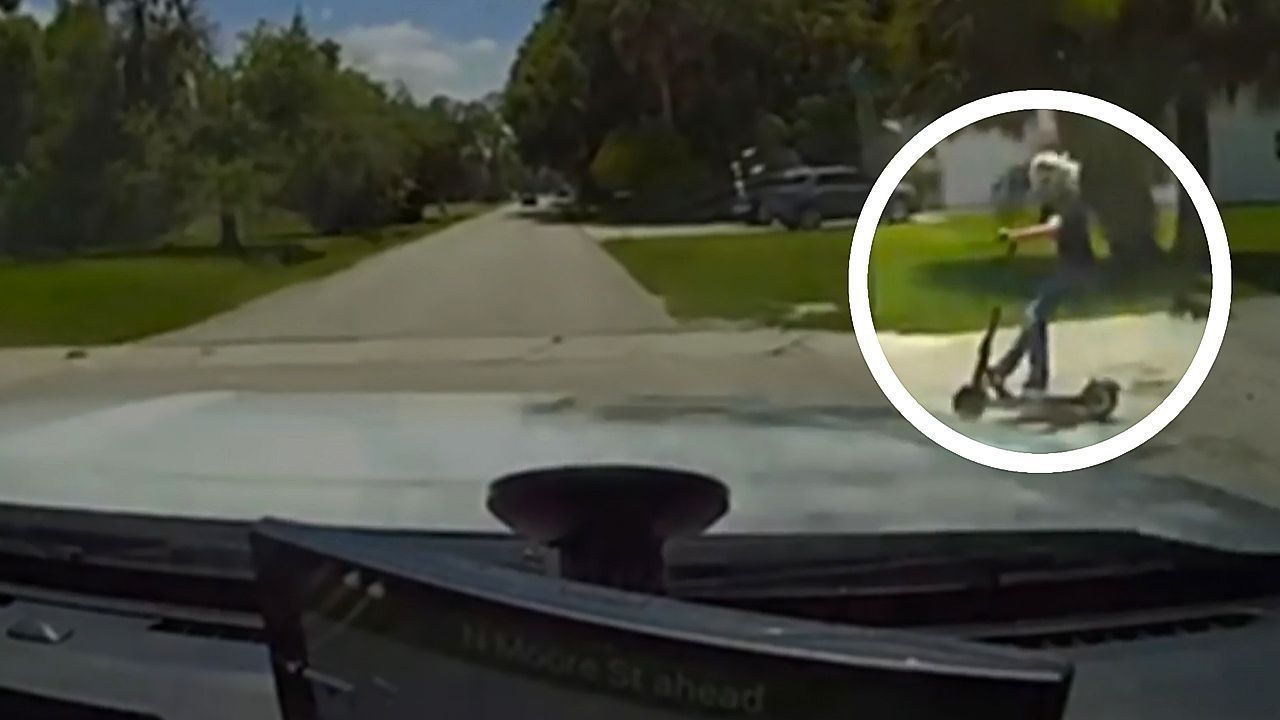 Video: Dashcam: Teenager auf E-Scooter überfährt Stoppschild und kracht in Streifenwagen