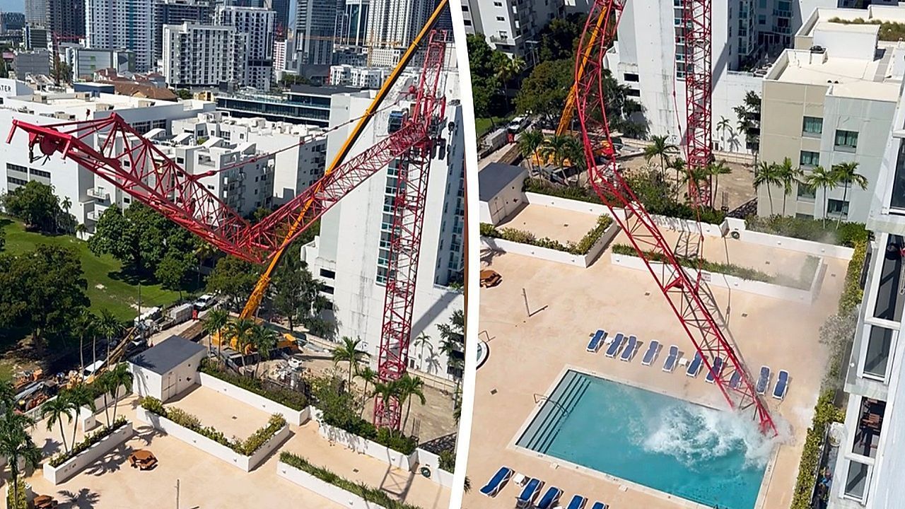 Video: Verdreht: Kranausleger kracht in Swimmingpool von Luxus-Hochhaus in Miami