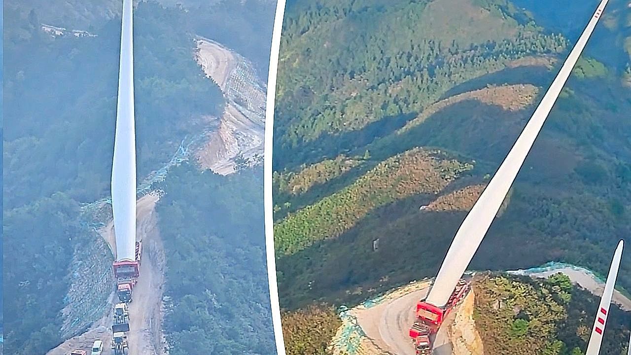 Video: Enormous wind turbine blade transported along narrow mountain road in China