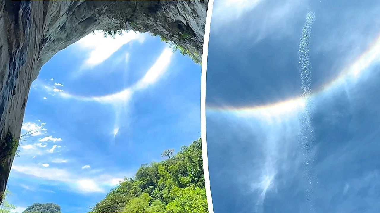 Video: Seltenes Himmelsschauspiel: Zwei Lichtbögen erscheinen über Wasserfall in Brasilien